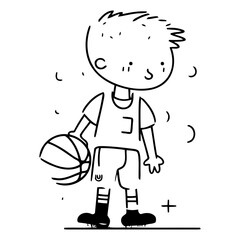 Poster - Cute little boy playing basketball in cartoon style.