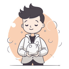 Poster - Young man holding a piggy bank in cartoon style.