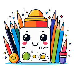 Wall Mural - Cute pencils and eraser in cartoon style