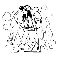 Wall Mural - Young woman hiker with backpack in cartoon style.