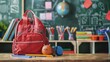 Back to school: backpack and supplies on wooden desk in classroom setting