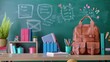 Exciting back to school setup: books, backpacks, and supplies on classroom desk against teacher's chalkboard with educational doodles, perfect for new academic year atmosphere