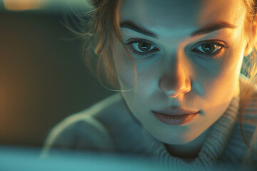 Wall Mural - A close-up of a businesswoman's face illuminated by the glow of her laptop screen in a softly lit office, symbolizing focus and dedication