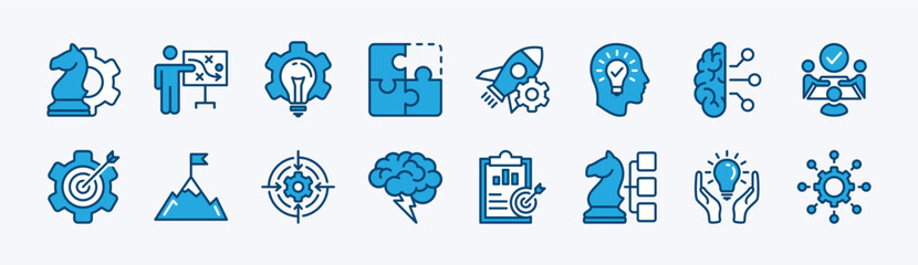 Set of creative business solutions icon vector. Containing strategy, creativity, idea, innovation, teamwork, startup, thinking, puzzle, discussion, brainstorm, goal, target, success management.