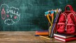 Exciting back to school setup: books, backpacks, and supplies on classroom desk against teacher's chalkboard with educational doodles, perfect for new academic year atmosphere