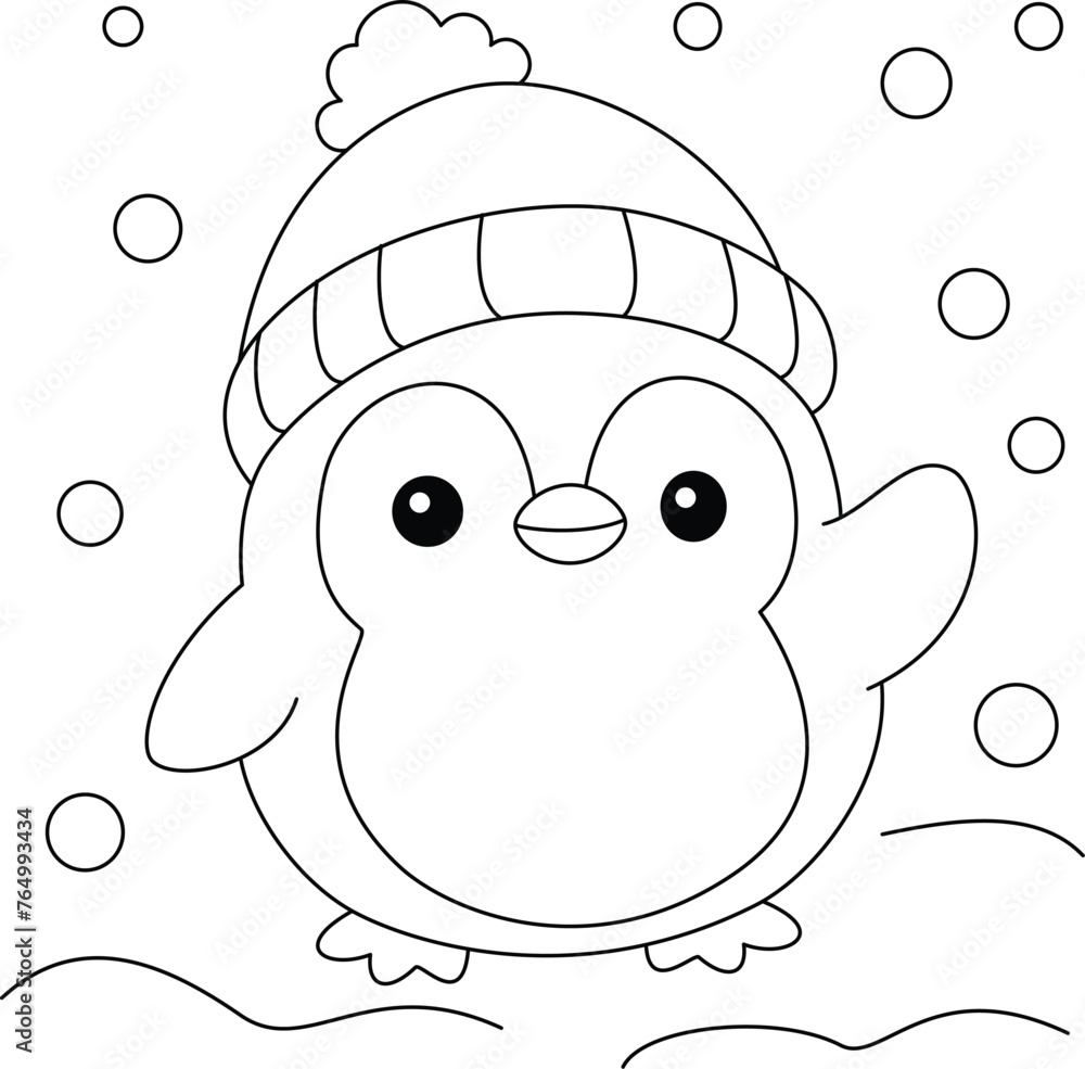 Cute Kawaii Penguin Cartoon Character Coloring Page Vector Illustration