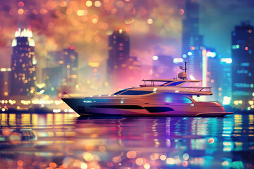 Wall Mural - An abstract background featuring a luxury yacht against a city skyline at night