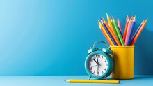 Bright School Background: Colorful Pencils And Alarm Clock Illustrating A Vibrant Learning Environment