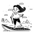 Girl on a surfboard in the mountains. Vector linear illustration.