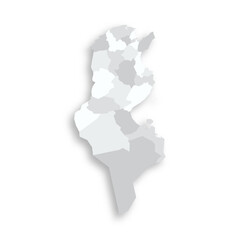  Tunisia political map of administrative divisions - governorates. Grey blank flat vector map with dropped shadow.