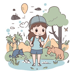 Sticker - Girl and animals in the park in cartoon style.