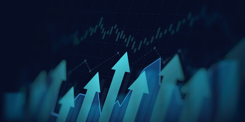 Wall Mural - abstract financial graph with uptrend line and arrows in stock market on blue color background