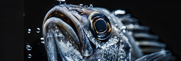 Wall Mural - a close up of a fish with bubbles of water on it's face and a black back ground with a black background.