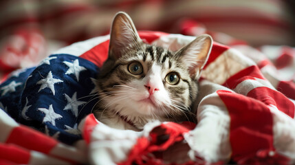 Poster - cute Cat wearing American flag. The concept of 4 July Independence Day, american flag, memorial day, american democracy, usa patriotism, victory of us. Ai generated image