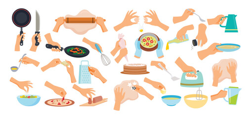 Set of hands cooking gesture collection, Cook hands holding kitchen utensils cooking set. Person hands preparing food with spoon, knife, pan, fork, cutlery tool collection. Kitchenware equipment.