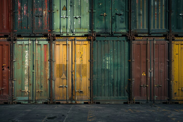 Wall Mural - A wall of shipping containers. Stacked high. The containers began to rust and deteriorate.