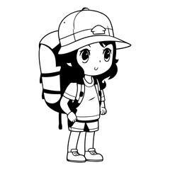 Poster - Cute little tourist girl with backpack in cartoon style.