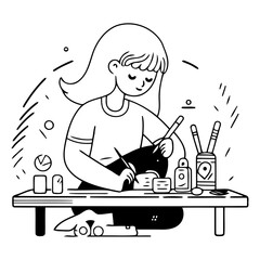 Poster - Woman doing manicure at home in cartoon style.