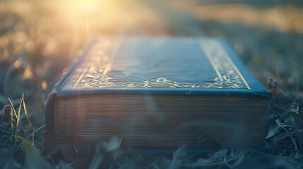 Ancient wisdom blue book in the light, closeup