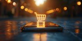 Fototapeta  - Exploring E-commerce with a Mobile Phone and Shopping Cart Icon. Concept E-commerce Trends, Mobile Shopping, Online Retail Strategy, Shopping Cart Icon, Mobile Marketing