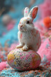 White egg painted in coloful pastel colors, small white bunnie on the egg, magenta blue and pink paint. Art theraphy, artistic decoration. Ai generated illustration.