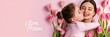A tender moment as a daughter kisses her mother's cheek, surrounded by pink tulips, with 'I Love Mom' message for Mother's Day.