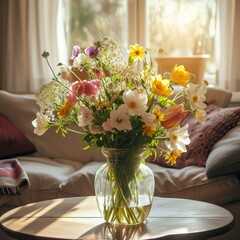 Spring flowers bouquet in vase on table in living room with morning sun ligh