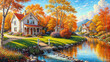 Oil painting on canvas autumn landscape with wooden old house near river, beautiful flowers and trees.