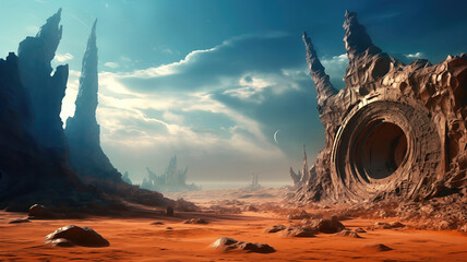 Wall Mural - landscape of an alien planet, beautiful view of red desert on another planet, fictional sci-fi backg