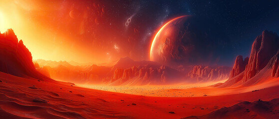 Wall Mural - landscape of an alien planet, beautiful view of red desert on another planet, fictional sci-fi backg