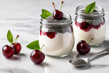 Wall Mural - Delicious chia pudding yogurt with cherry sauce and cherry in glass jar on a white marble table, summer dessert.