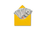 Fototapeta Kwiaty - A yellow envelope full of one hundred dollar bills is isolated on a transparent background. Money in an envelope. Concept of bribe, dirty money, salary or profit