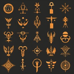 Collection of golden mystical symbols against a dark background. Each icon embodies esoteric and magical concepts with a hint of ancient scripts and alchemy.