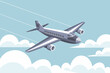 The plane flies in the sky between the clouds. Time for travel and vacation. Illustration, vector