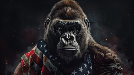 Poster - Gorilla, monkey, ape Frightful animal wearing American flag , Ai generated image