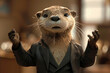 a cartoon otter, portrayed in a realistic hyperrealism style, stands with its hands up in a suit