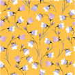 Abstract drawn flowers on yellow background. Seamless vector drawing. Vintage print with small bells. Retro textile collection.