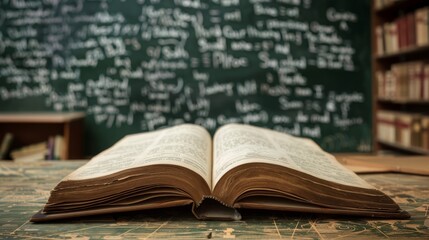 Spooky open textbooks surrounded by mathematical formulas in atmospheric background