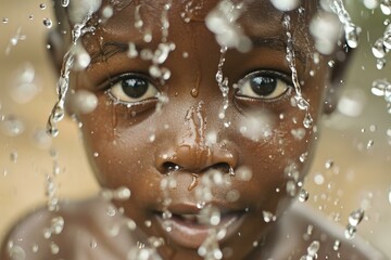 Joyful African boy water splash. Help rain. Generate Ai