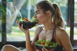Beautiful fit woman eating healthy salad after fitness workout, Generative AI