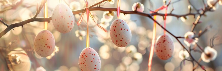 Wall Mural - easter eggs hanging on trees in the spring