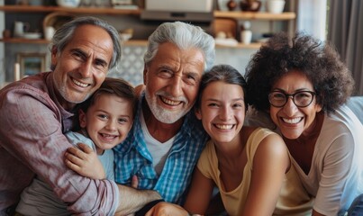 Portrait of a happy multigenerational multiethnic family at home, Generative AI