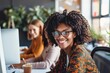 Happy multiethnic smiling business women working together in office, Generative AI