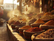 Colourful Spices in Oriental Market in Morocco: seeds and other plant substance primarily used for flavouring or colouring food