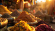 Colourful Spices in Oriental Market in Morocco: seeds and other plant substance primarily used for flavouring or colouring food