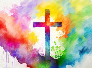 Poster - Christian cross on colorful watercolor style painting, copy space background, Christianity