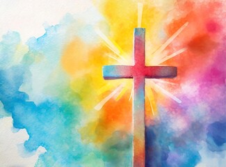 Canvas Print - Christian cross on colorful watercolor style painting, copy space background, Christianity