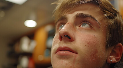 Close-up of young man looking upwards shows nose piercing, with a blurred background.