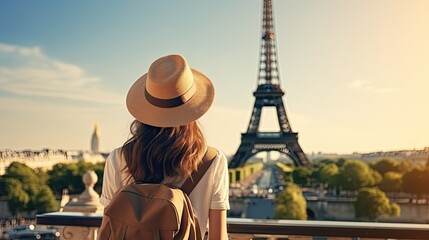 woman with backpack and stylish hat posing in front of paris eiffel tower. world travel concept. per