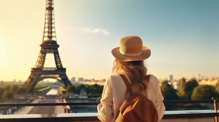  Woman with Backpack and Stylish Hat Posing in Front of Paris Eiffel Tower. World Travel Concept. Perfect for Celebrating Woman's Day, Birthdays, Valentine's Day, Banner or Poster.
